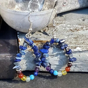 Artisan Lapis Lazuli Chakras Yoga Om Mindful Gemstone Beads Teardrop Earrings
